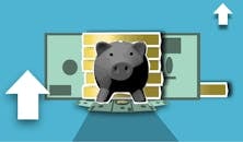 Cutout paper composition of piggy bank with banknotes and pile of coins on blue background