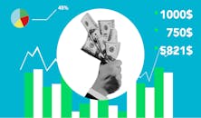 Decorative cardboard appliques representing hand with dollar banknotes and numbers above chart on blue background